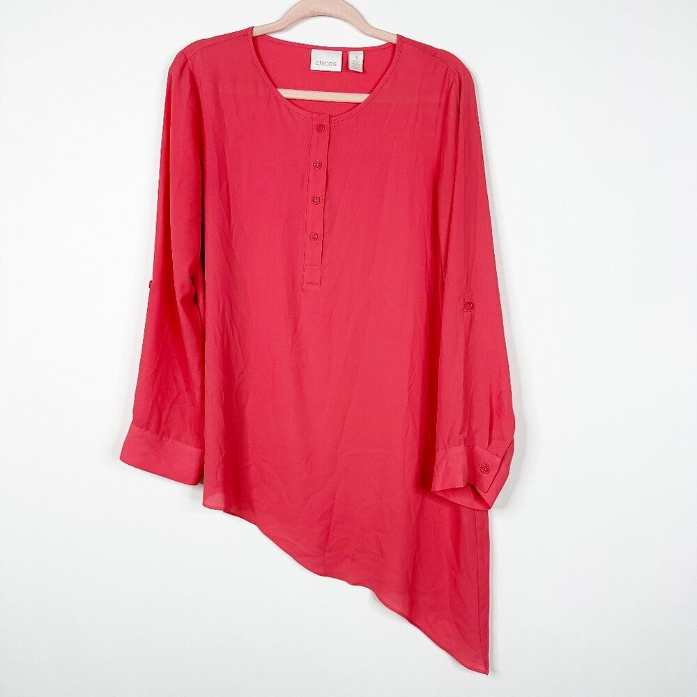 2/$30 Chico's Asymmetric Henley Tunic Top Roll Tab Long Sleeve Coral Pink #A1439 - Picture 3 of 7
